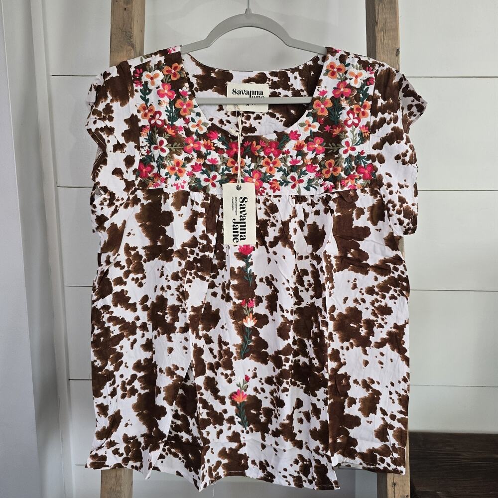 Savanna Jane White and Brown Floral Embroidered Peasant Blouse - Picture 3 of 12